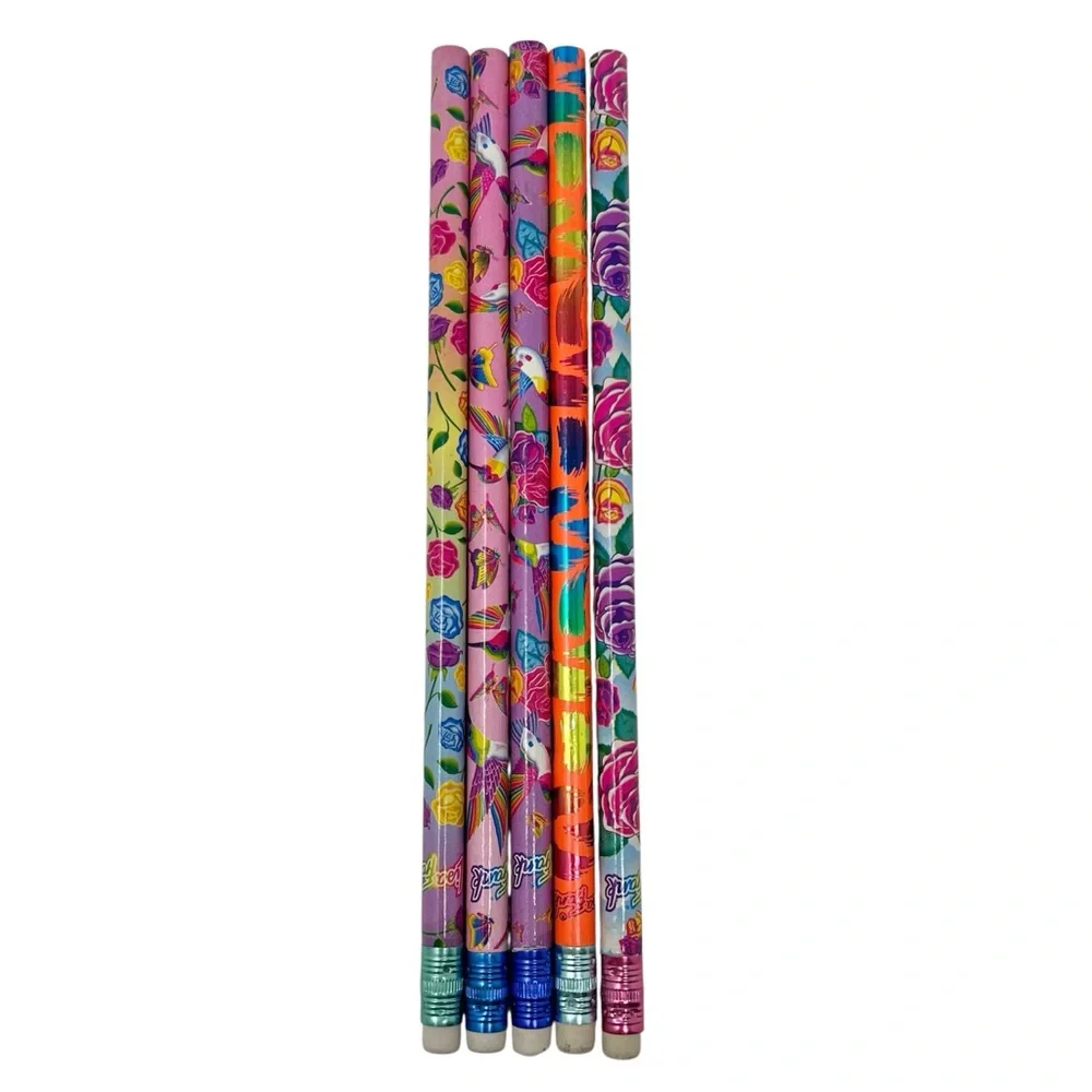 Vintage Lisa Frank Set of 5 Pencils Colorful Fun Graphic Patterns Flowers Birds